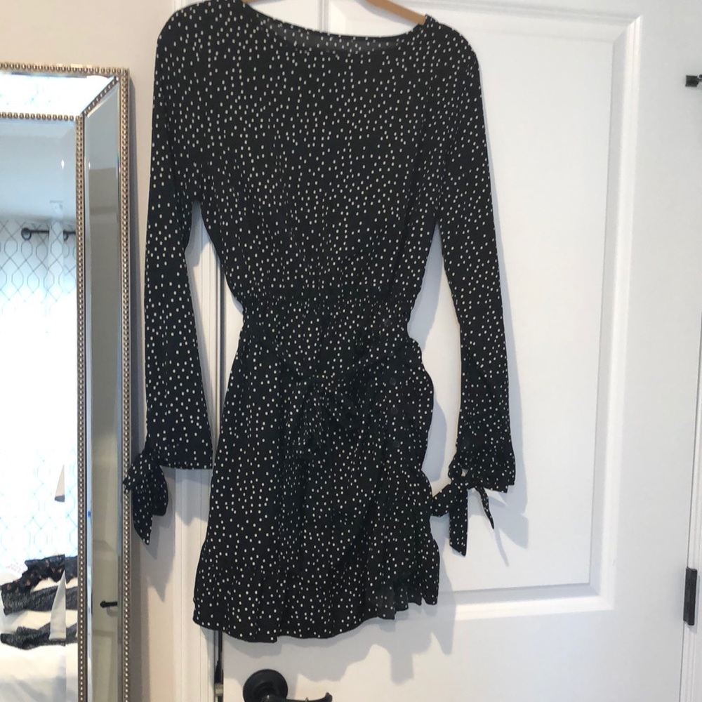 black ruched button side polka dot tea dress